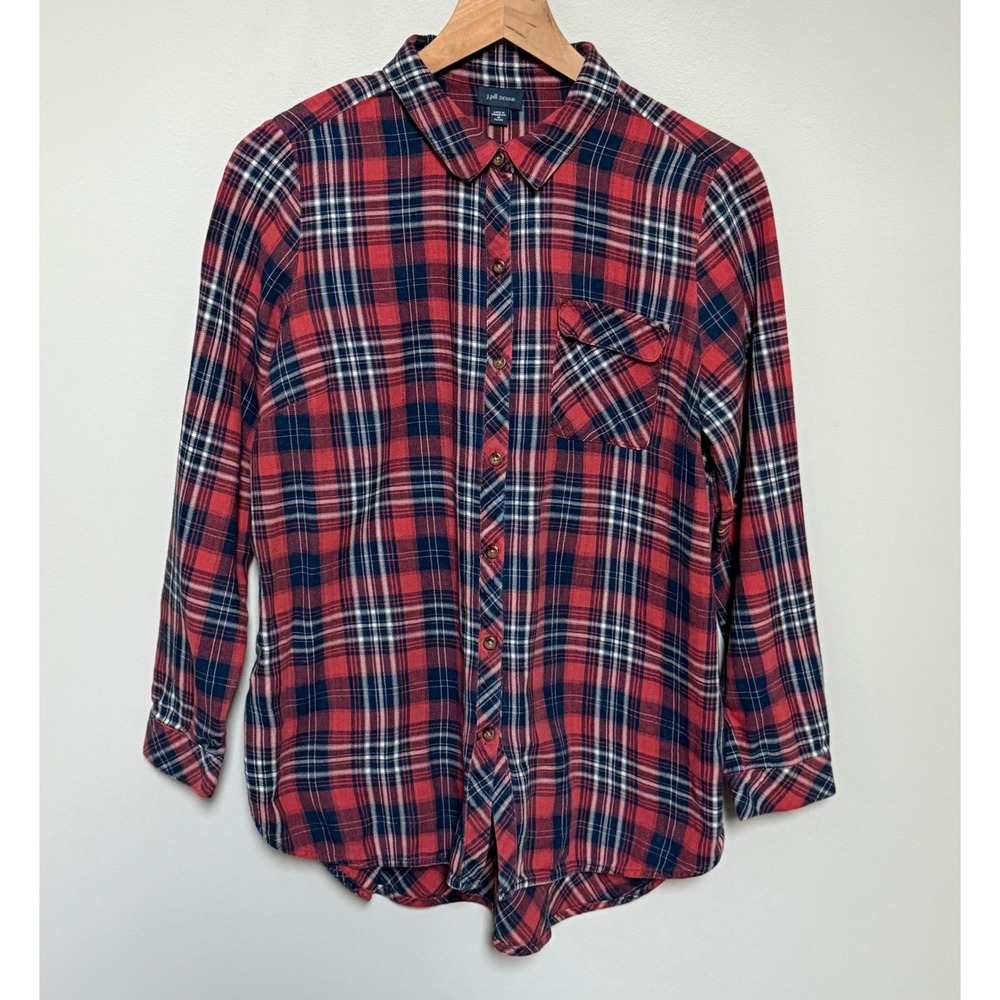 J.Jill Denim Plaid Cotton Flannel Button Down Fall Tunic Shirt Petite Medium